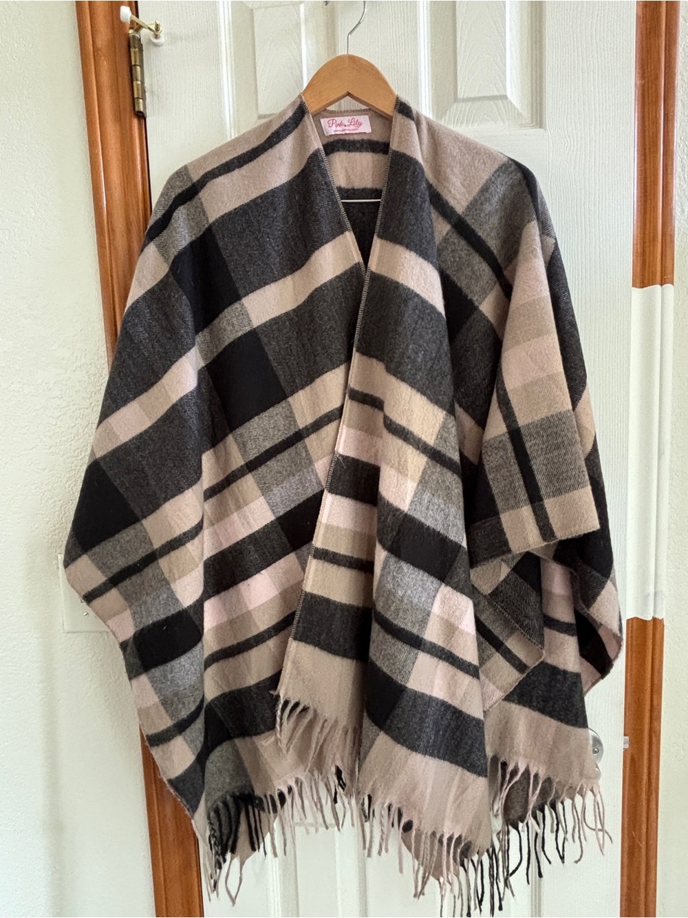 Pink Lily Striped Open Front Shawl in Cream & Gray